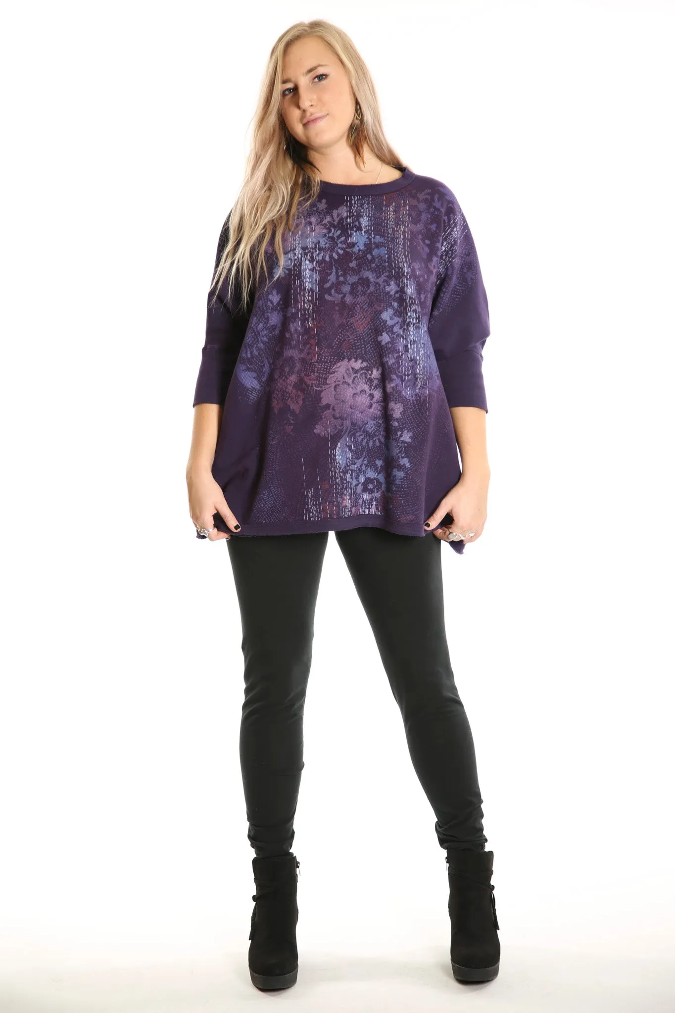 2210  Cozy Fleece Square Sweatshirt Printed Royal Purple Antique Floral