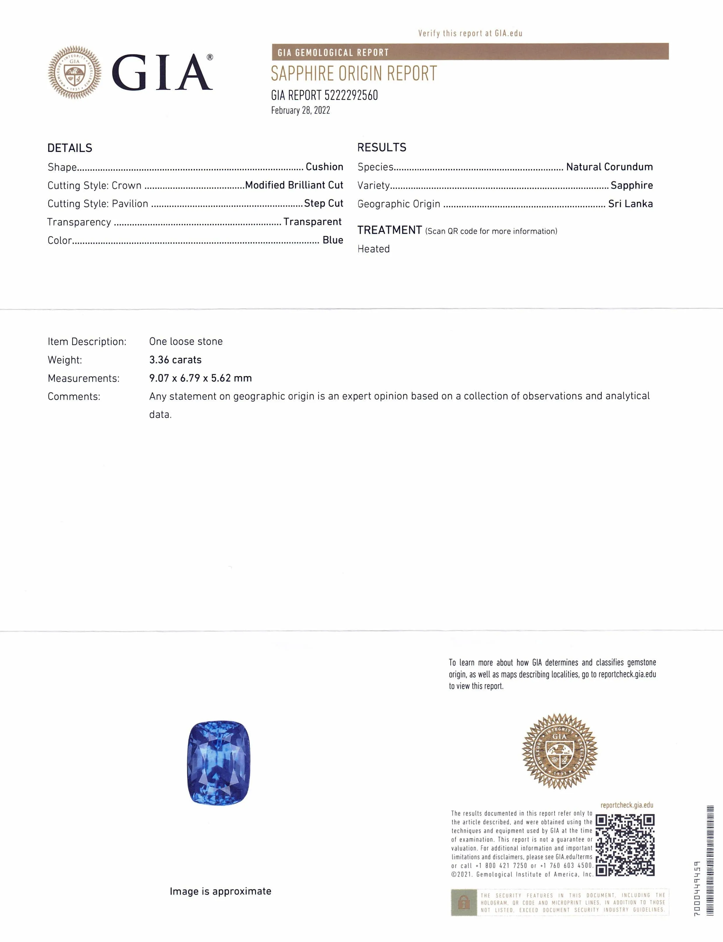 3.36ct Cushion Blue Sapphire GIA Certified Sri Lanka