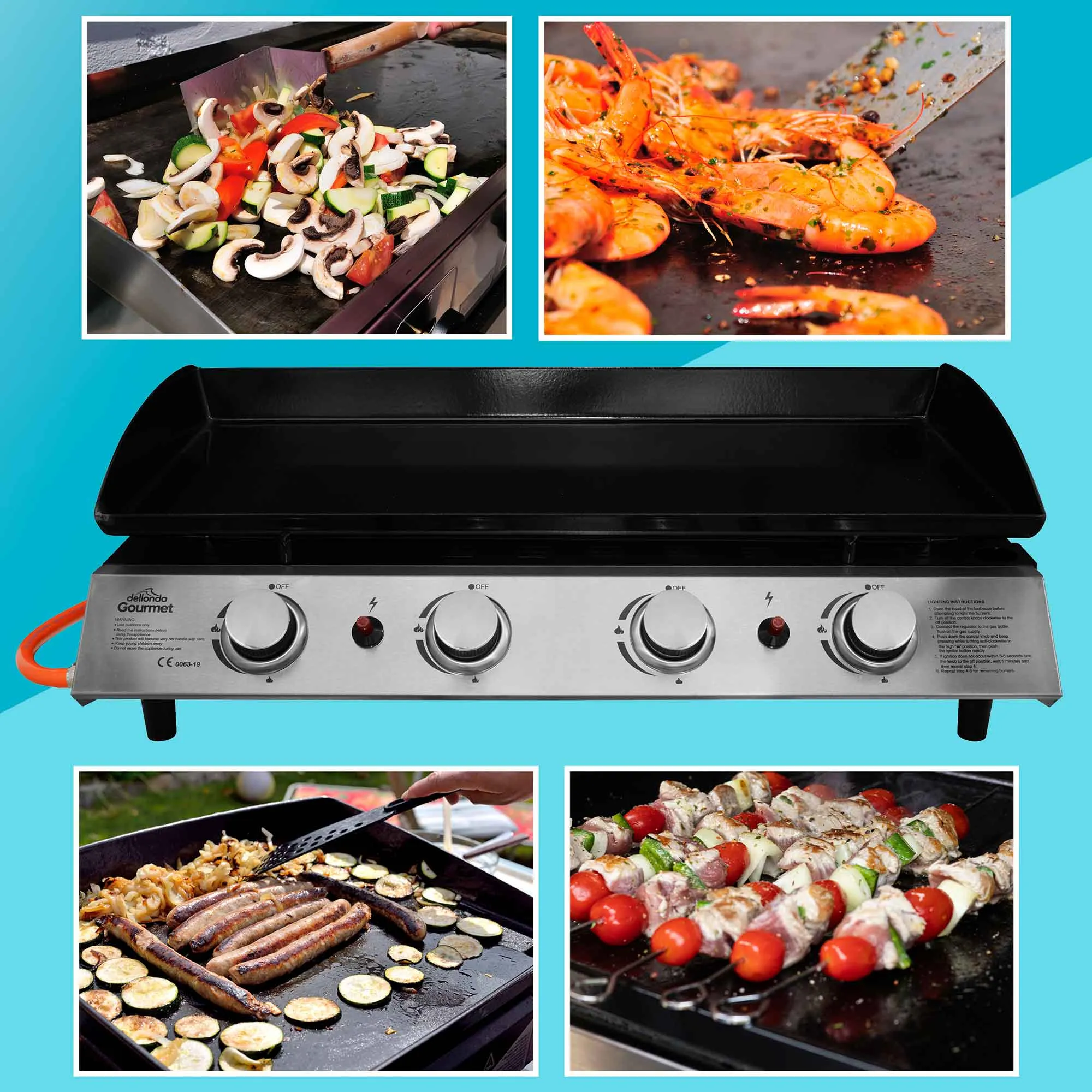 4 Burner Portable Gas Plancha 10kW BBQ Griddle with Cover, Stainless Steel - DG234