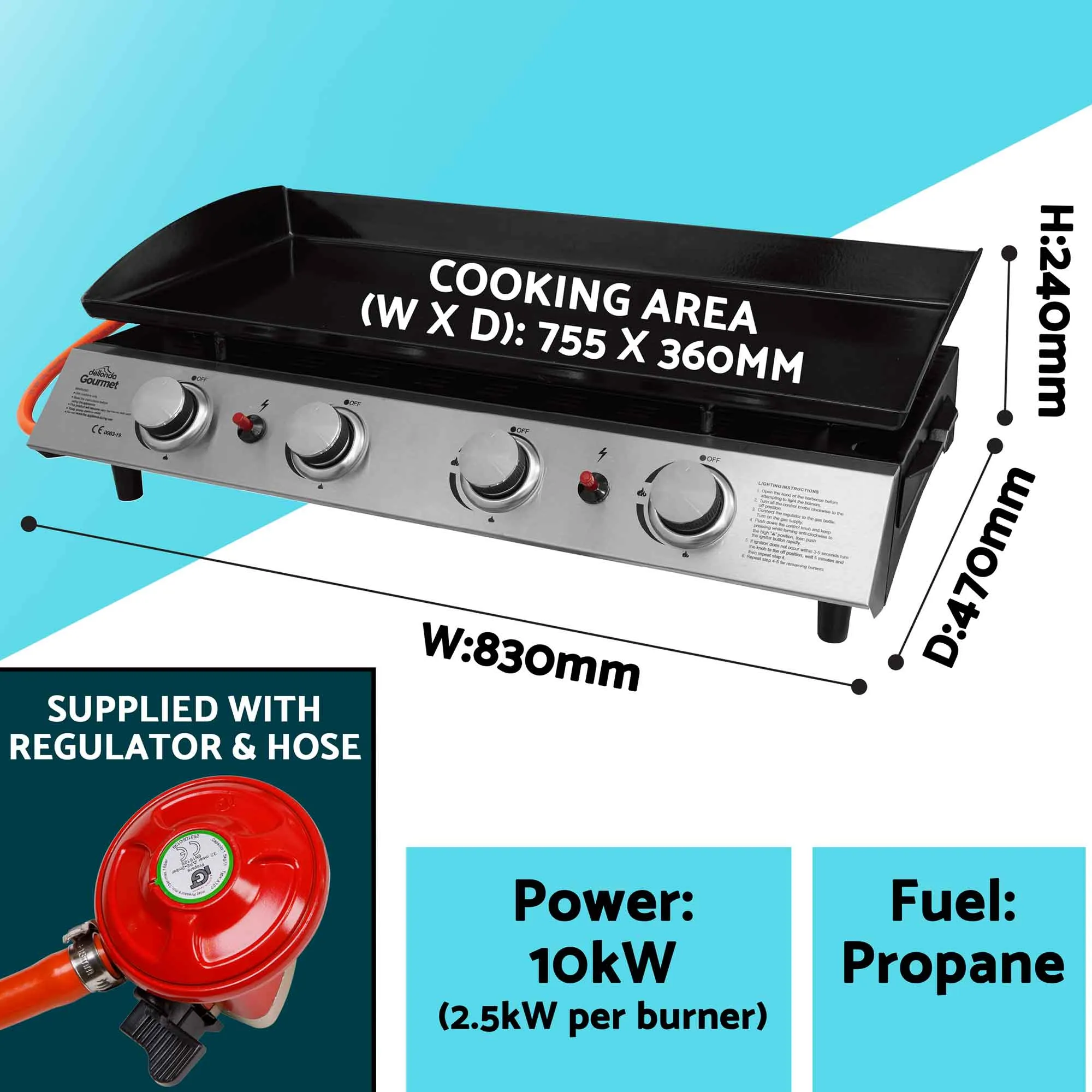 4 Burner Portable Gas Plancha 10kW BBQ Griddle with Cover, Stainless Steel - DG234
