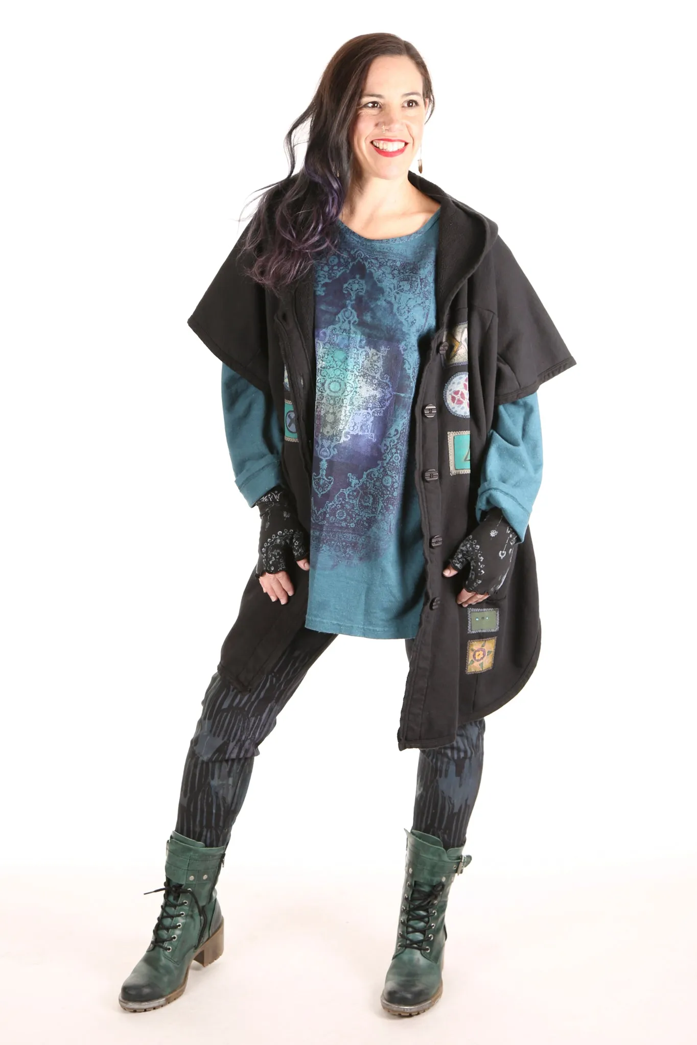 5258 Black Sherpa Hooded Cape -Black-Patched #4