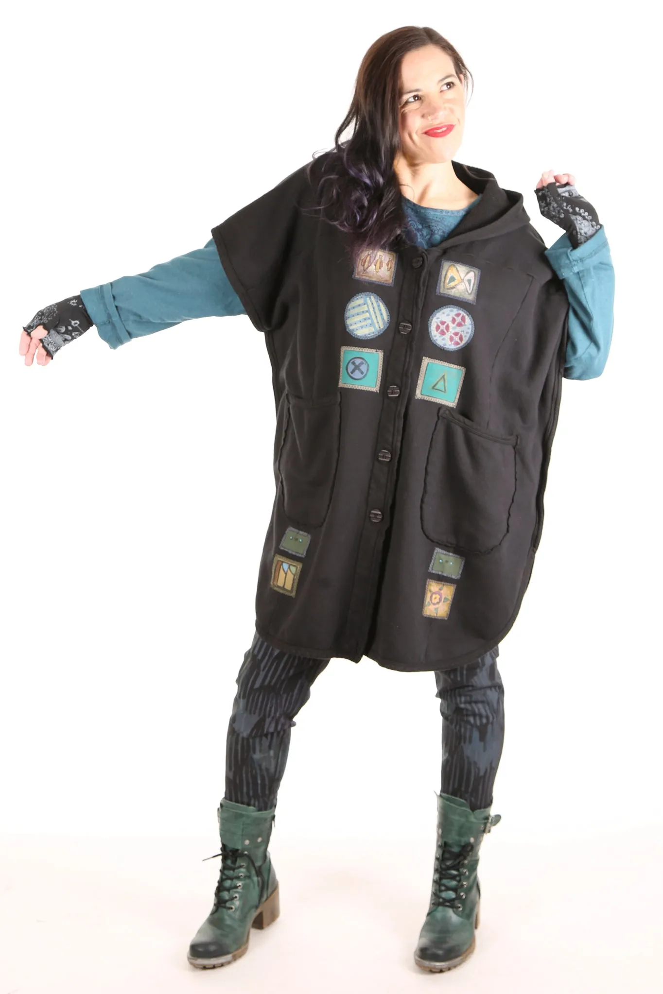 5258 Black Sherpa Hooded Cape -Black-Patched #4