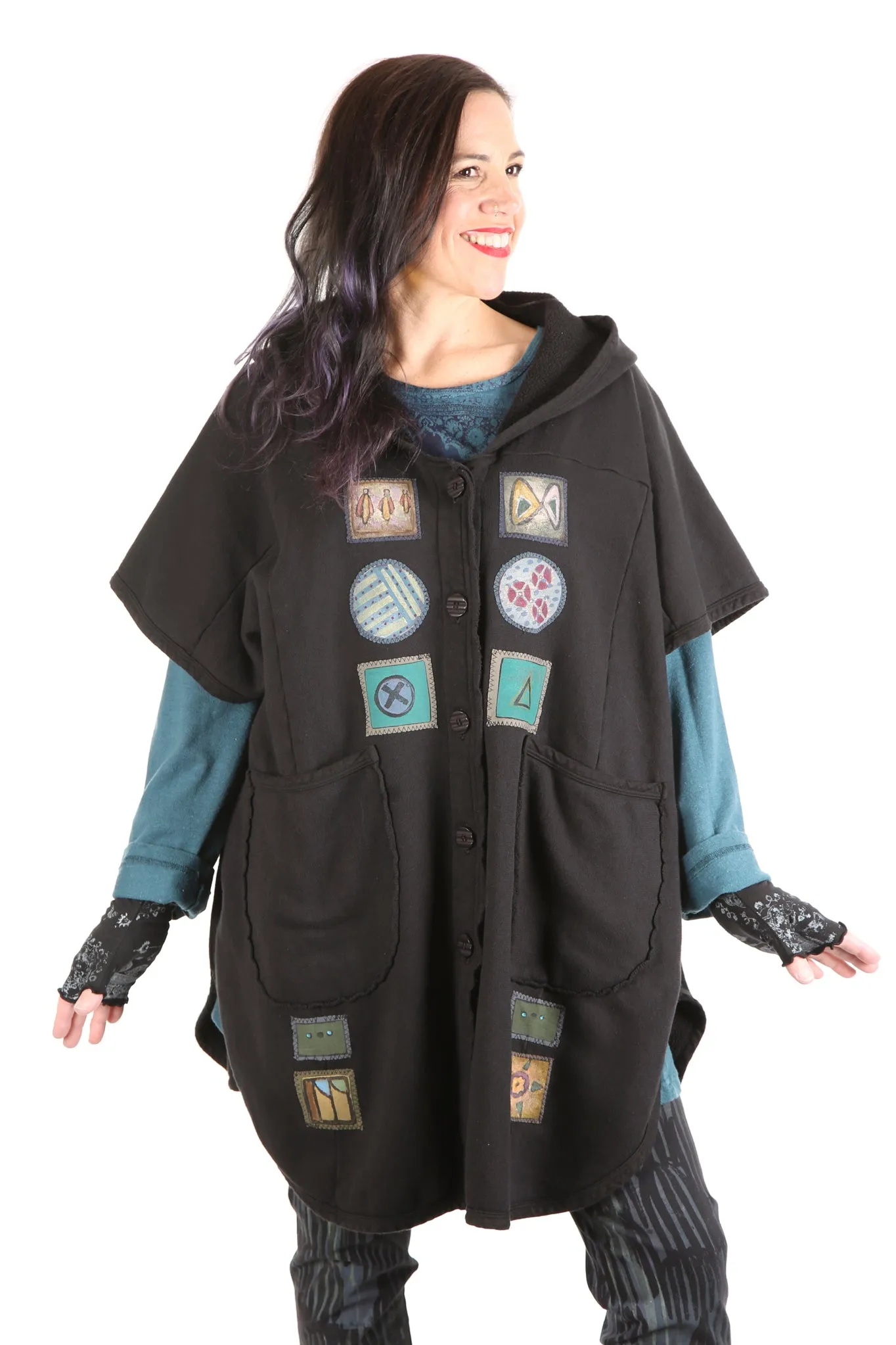 5258 Black Sherpa Hooded Cape -Black-Patched #4