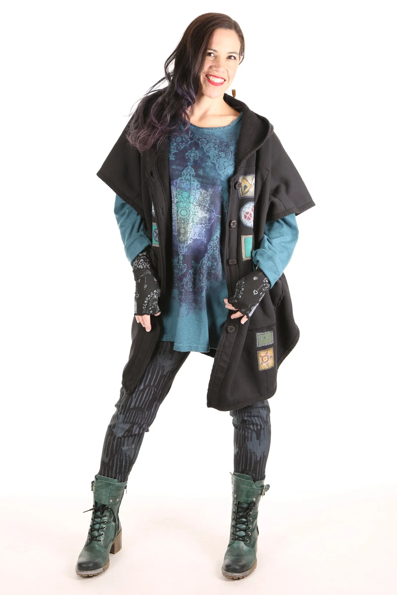5258 Black Sherpa Hooded Cape -Black-Patched #4