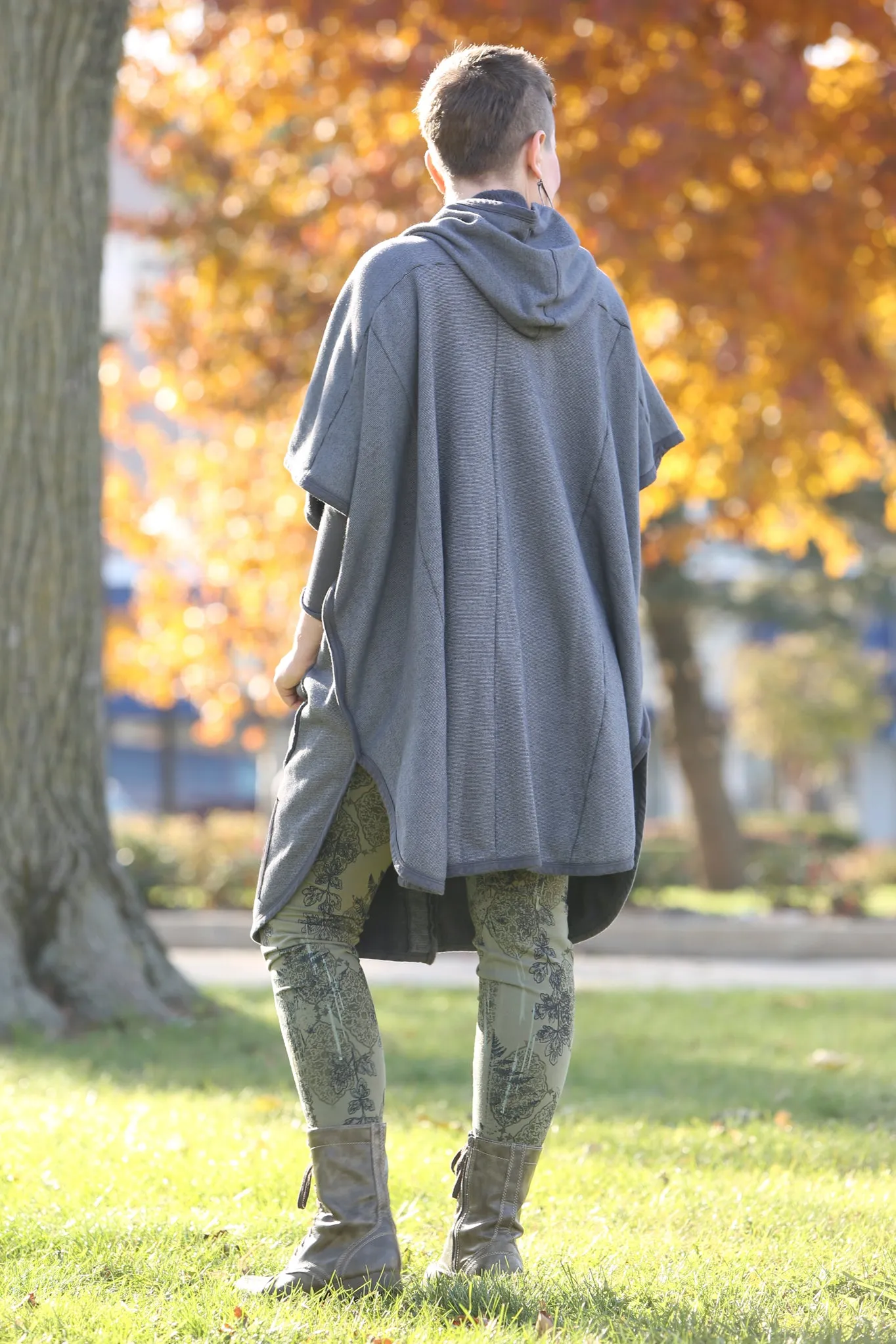 5258B-Raw Edge Hooded Cape - Charcoal-Patched