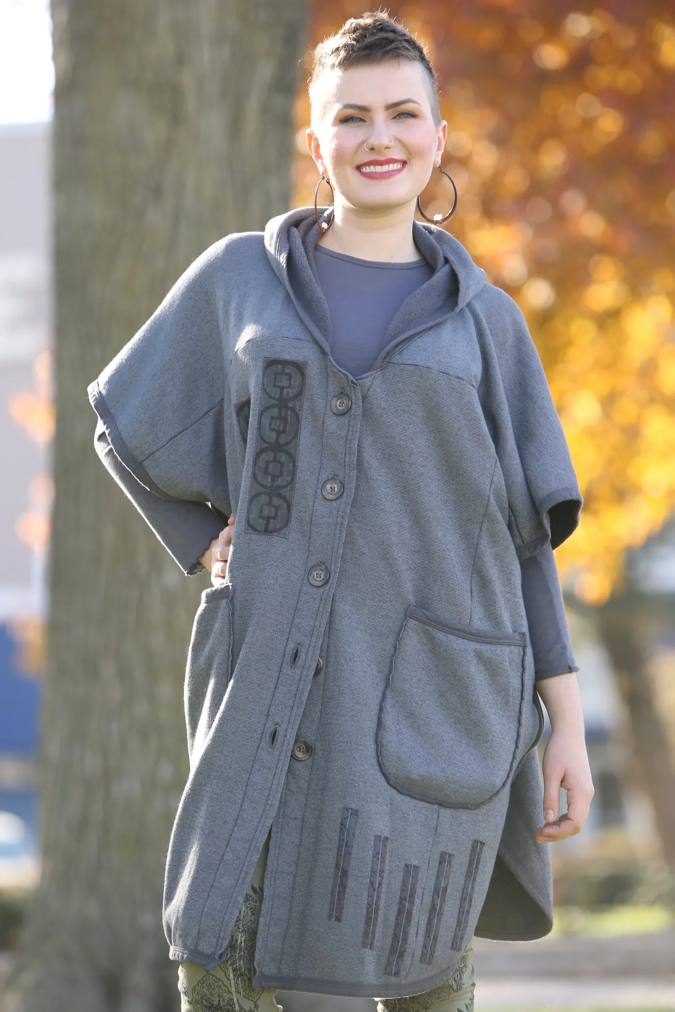 5258B-Raw Edge Hooded Cape - Charcoal-Patched