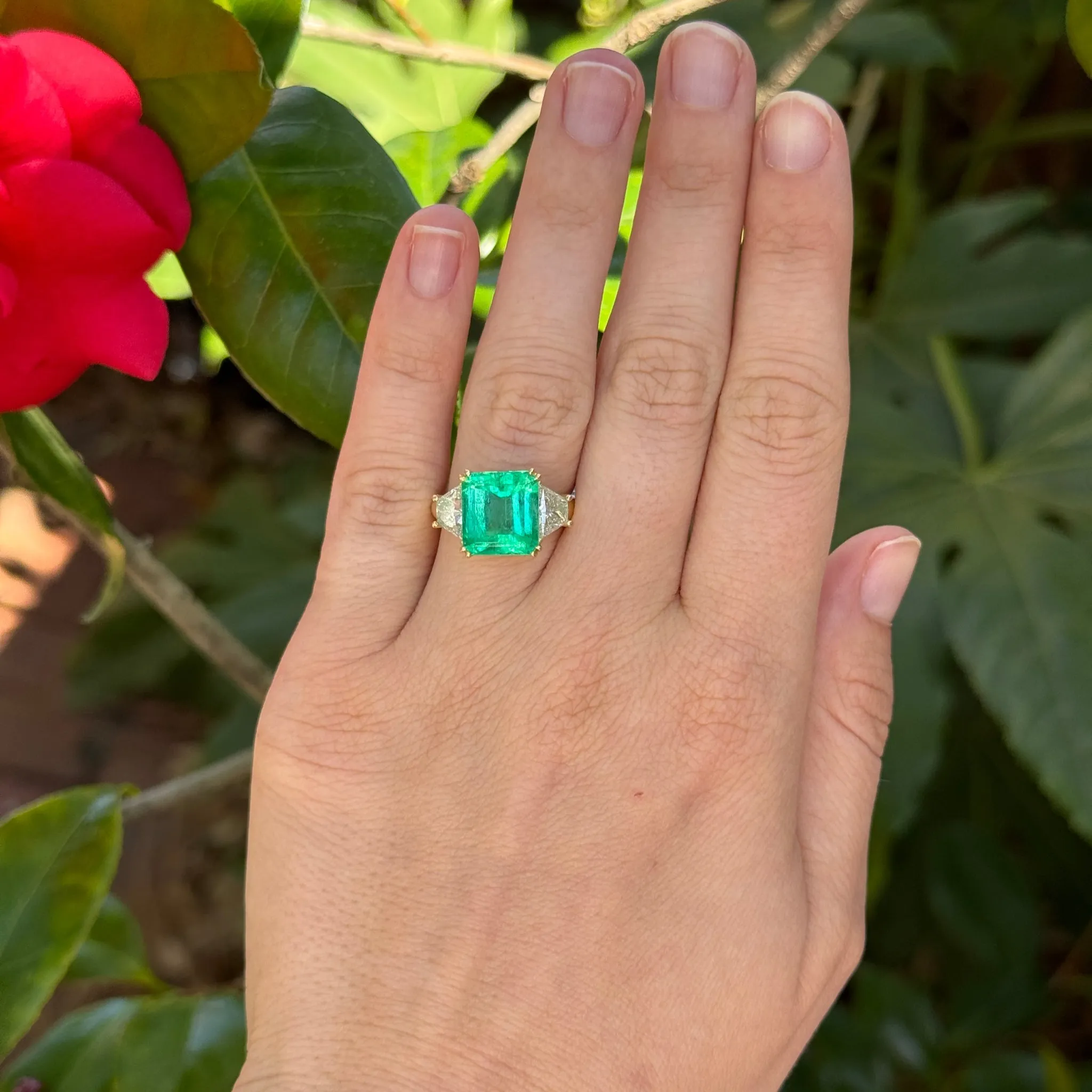 5.77ct Emerald & Trapezoid Diamond Three-Stone 18K Gold Ring