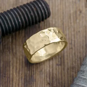 8mm 14k Yellow Gold Hammered Mens Wedding Band, High Polish