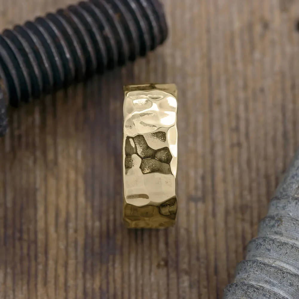 8mm 14k Yellow Gold Hammered Mens Wedding Band, High Polish