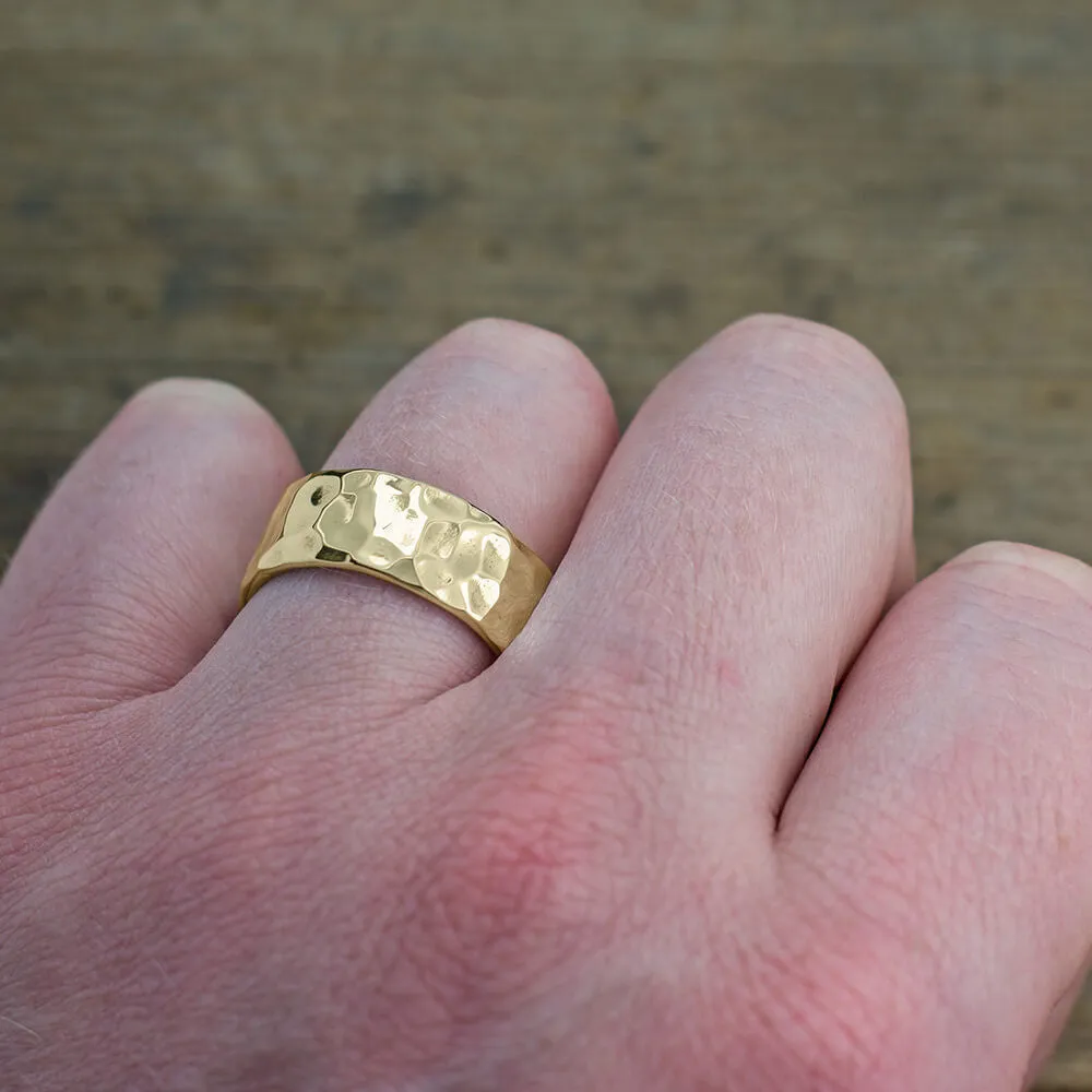 8mm 14k Yellow Gold Hammered Mens Wedding Band, High Polish