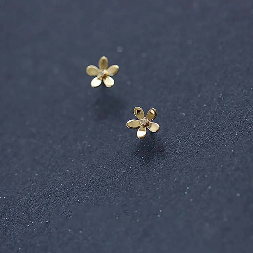 9K Solid Gold Cubic Zirconia Ear Stud Earrings Flowers Elegant Charm Jewelry