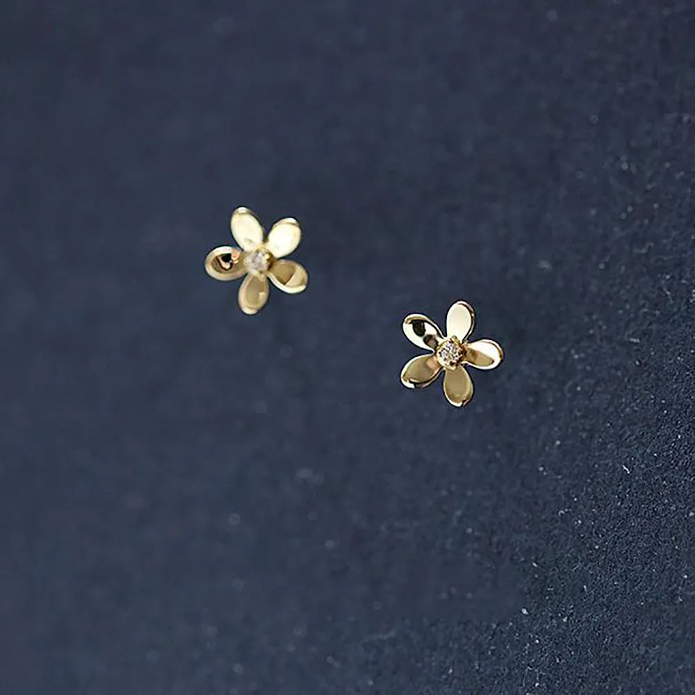 9K Solid Gold Cubic Zirconia Ear Stud Earrings Flowers Elegant Charm Jewelry