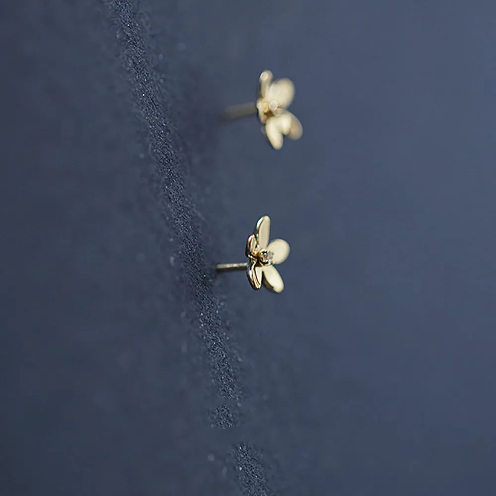 9K Solid Gold Cubic Zirconia Ear Stud Earrings Flowers Elegant Charm Jewelry