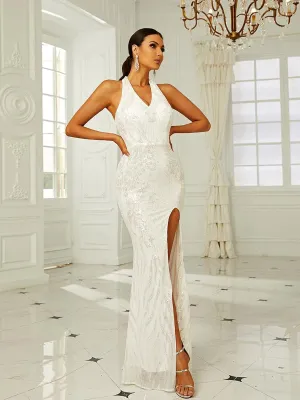Backless Split Thigh Sequin Formal Dress XJ1416