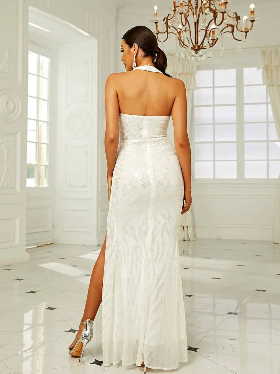Backless Split Thigh Sequin Formal Dress XJ1416