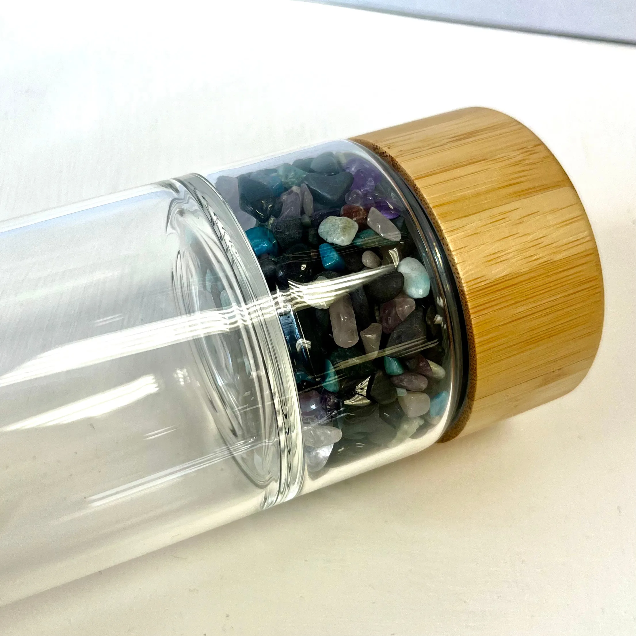 Bamboo Lid Glass Bottle w/ Crystal Chipstones - For Anxiety & Calmness