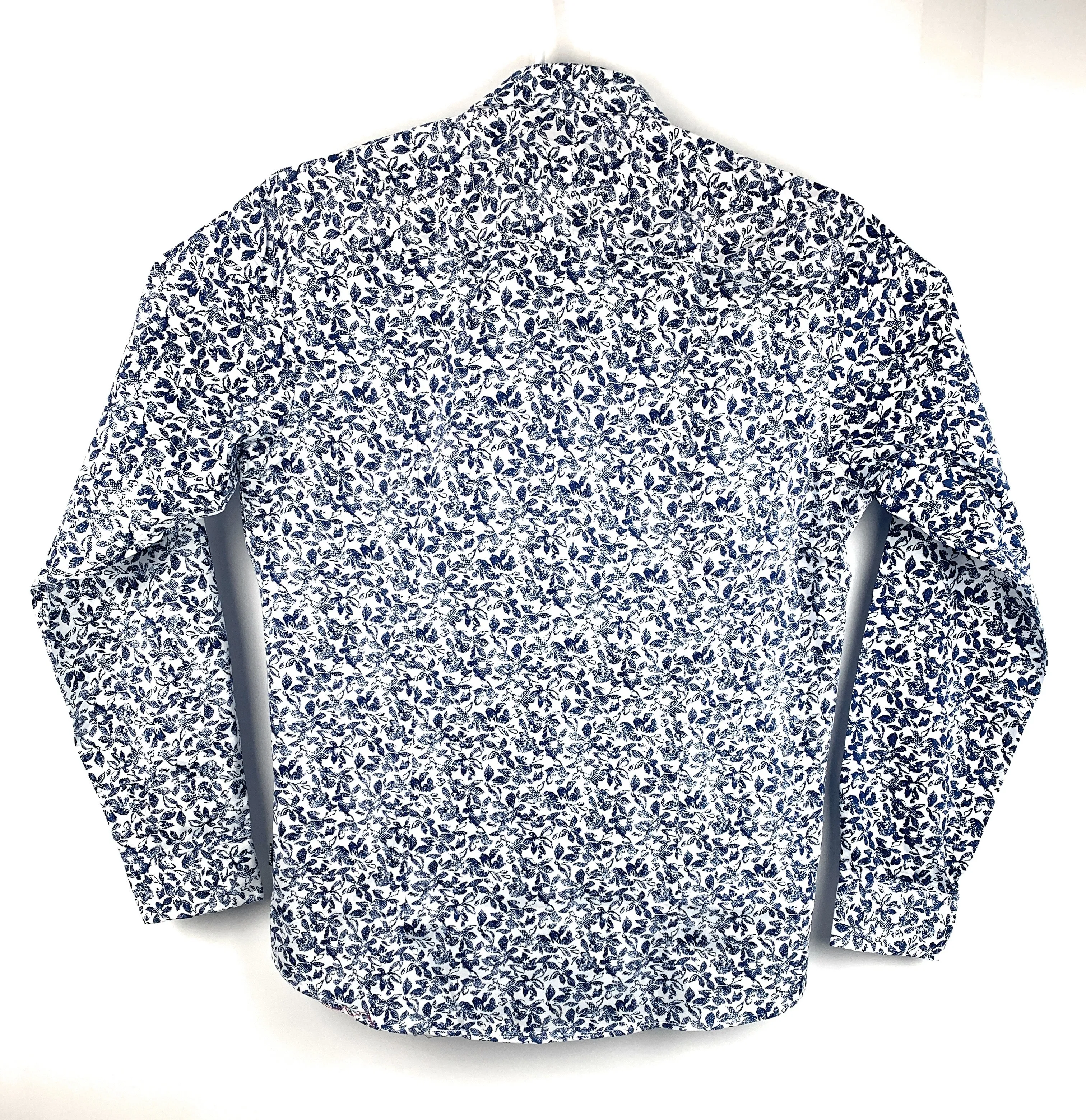 Barabas Mens Designer Button Front Shirt White Blue Floral Long Sleeve