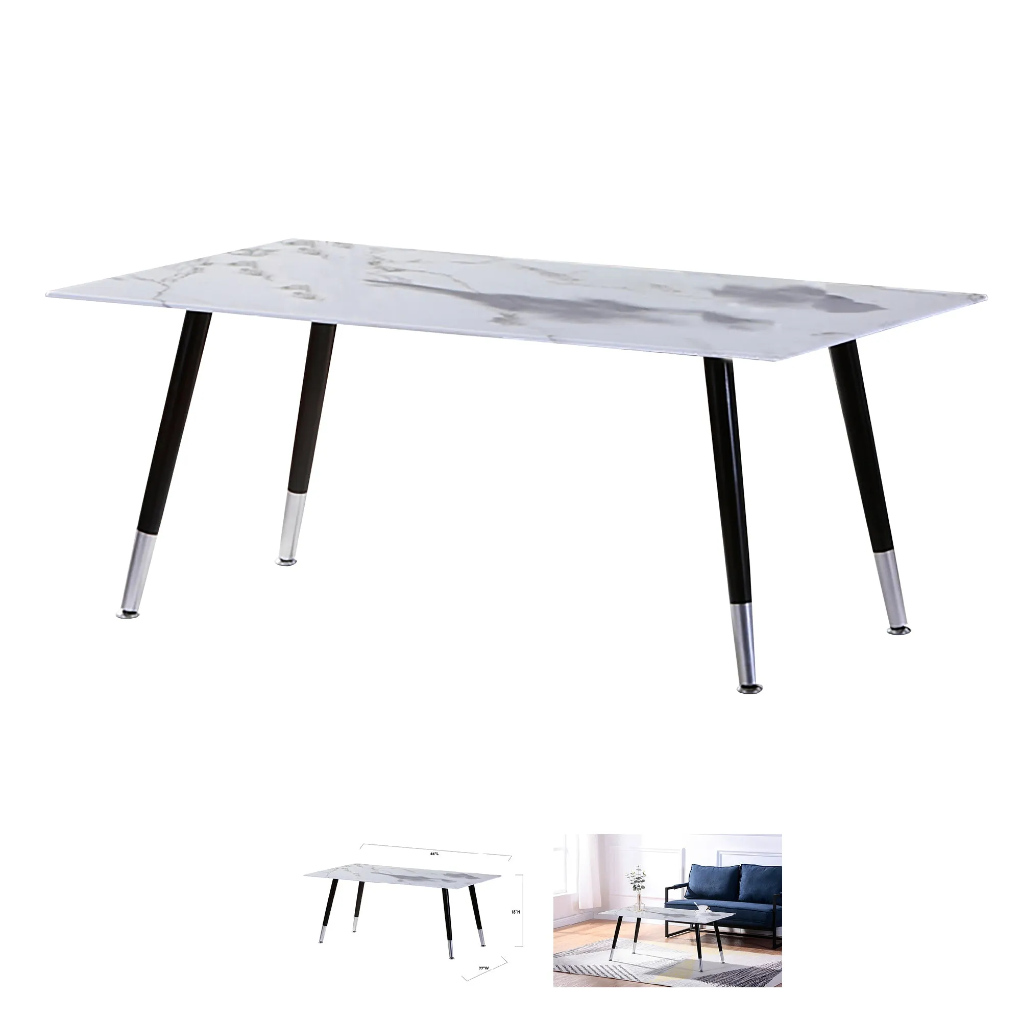 Bebelelo White Marble Glass Coffee Table with Chrome Legs for Black And Grey