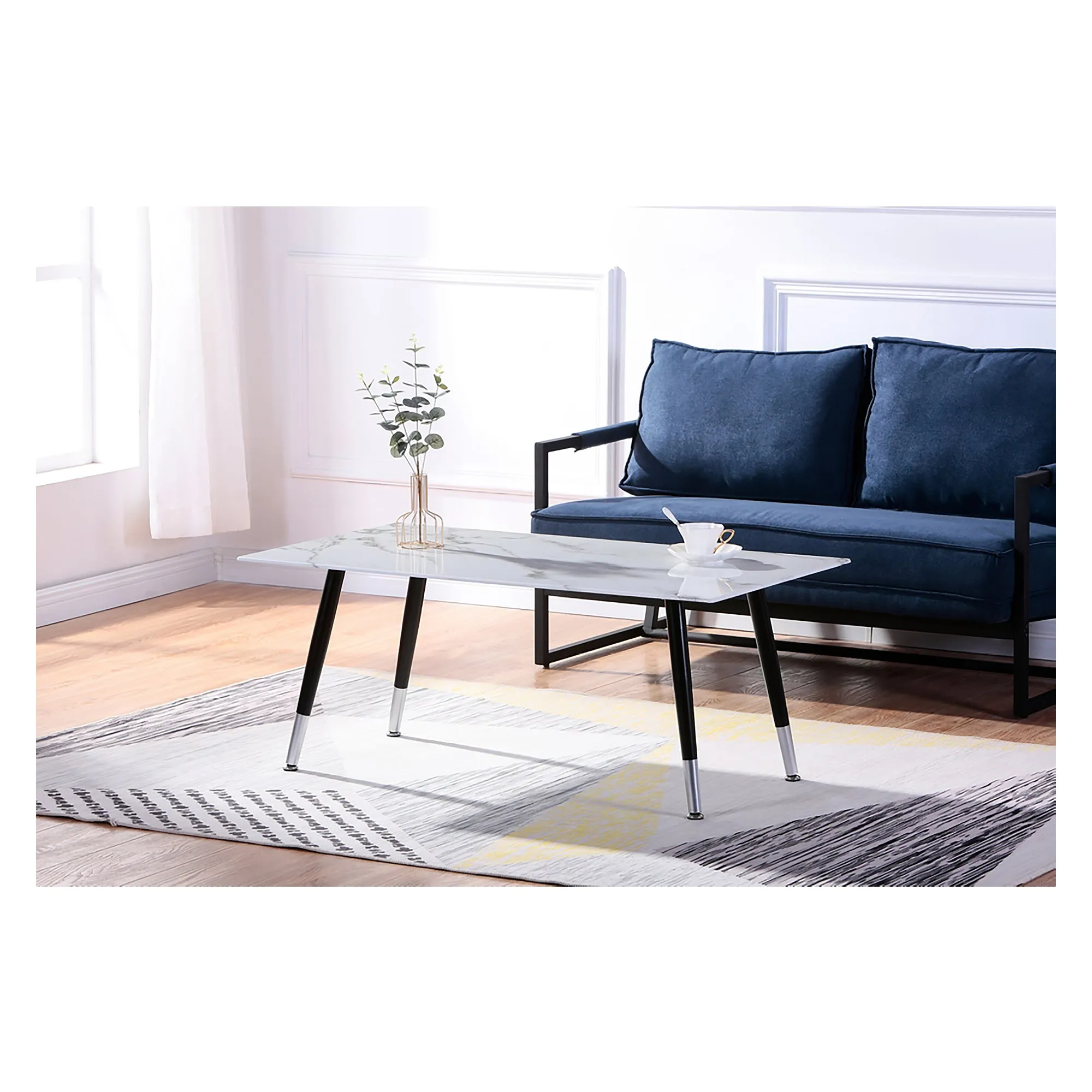 Bebelelo White Marble Glass Coffee Table with Chrome Legs for Black And Grey