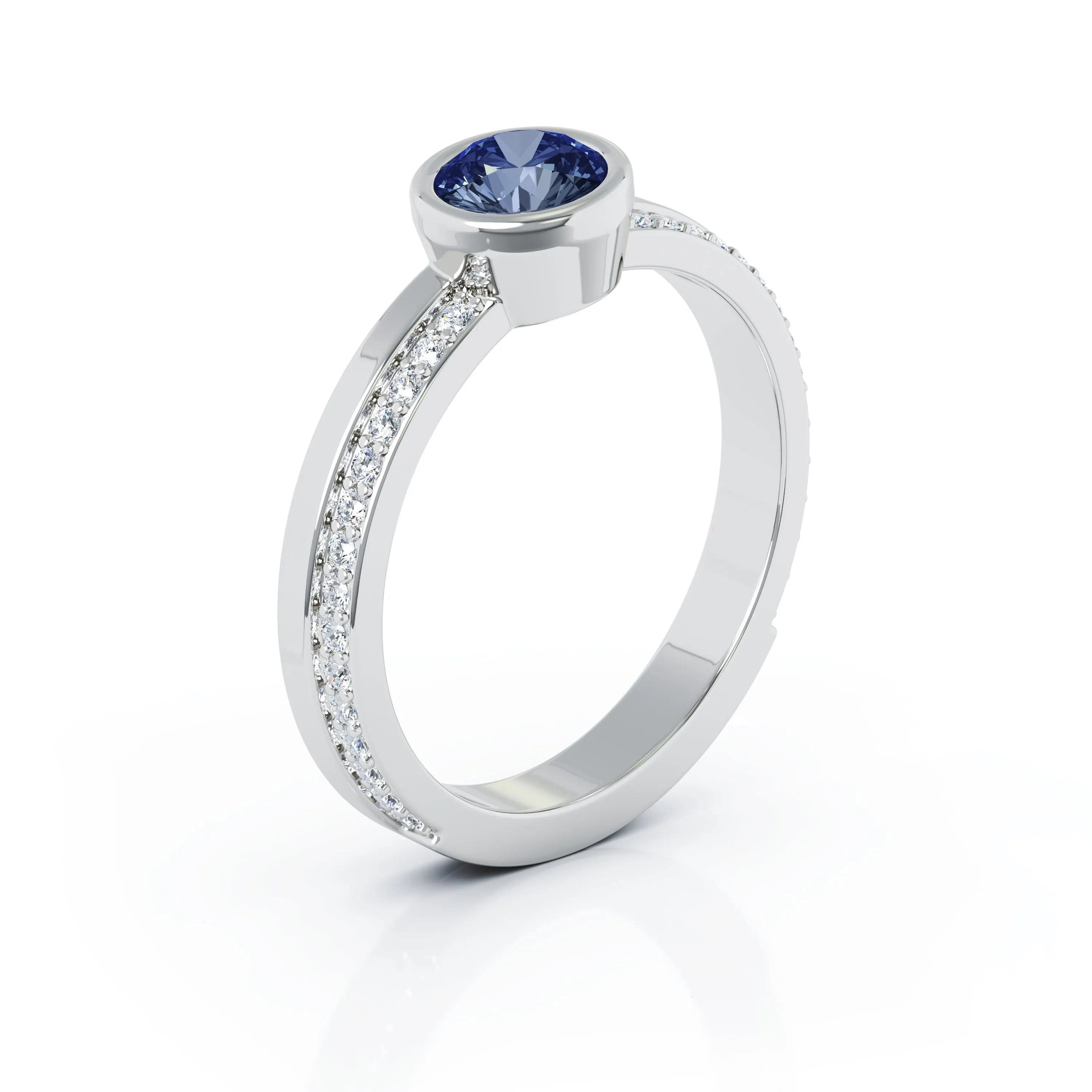 Bezel 5MM Sapphire & 0.15Ct Diamond Ring in 14K Gold