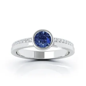 Bezel 5MM Sapphire & 0.15Ct Diamond Ring in 14K Gold