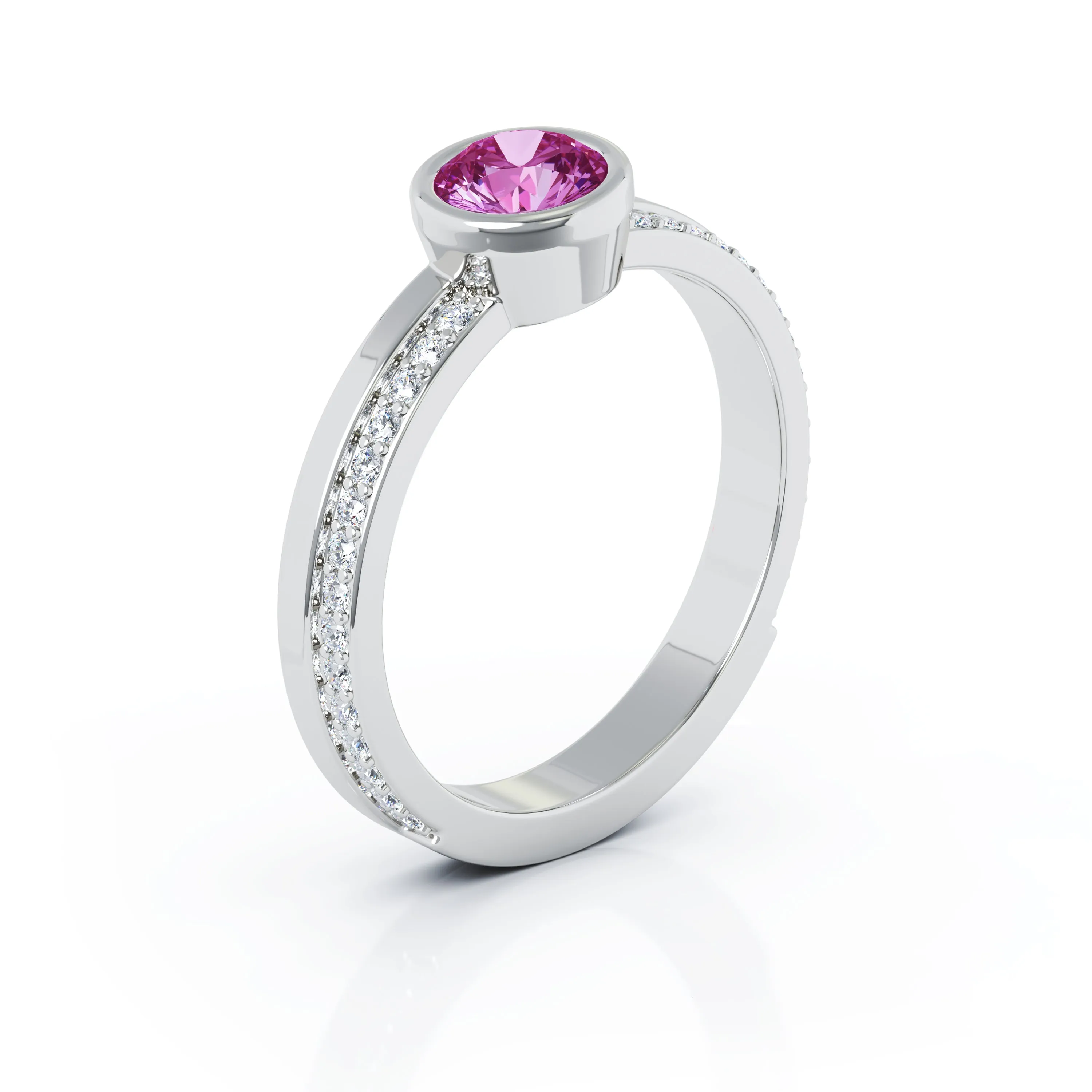 Bezel 5MM Sapphire & 0.15Ct Diamond Ring in 14K Gold