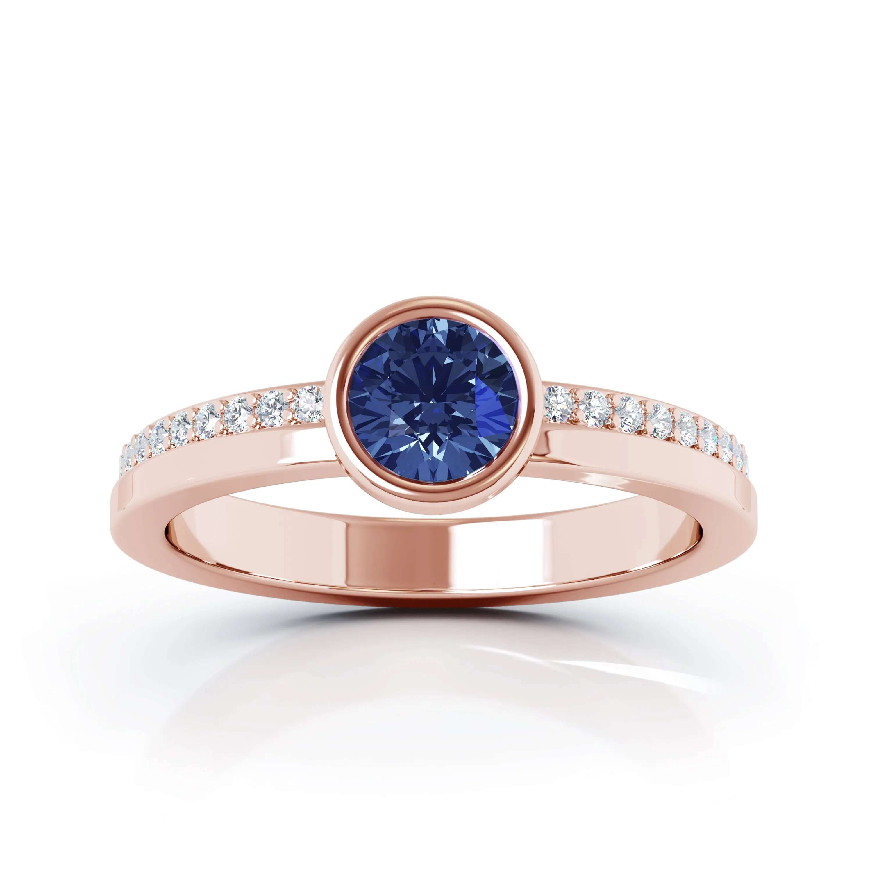 Bezel 5MM Sapphire & 0.15Ct Diamond Ring in 14K Gold