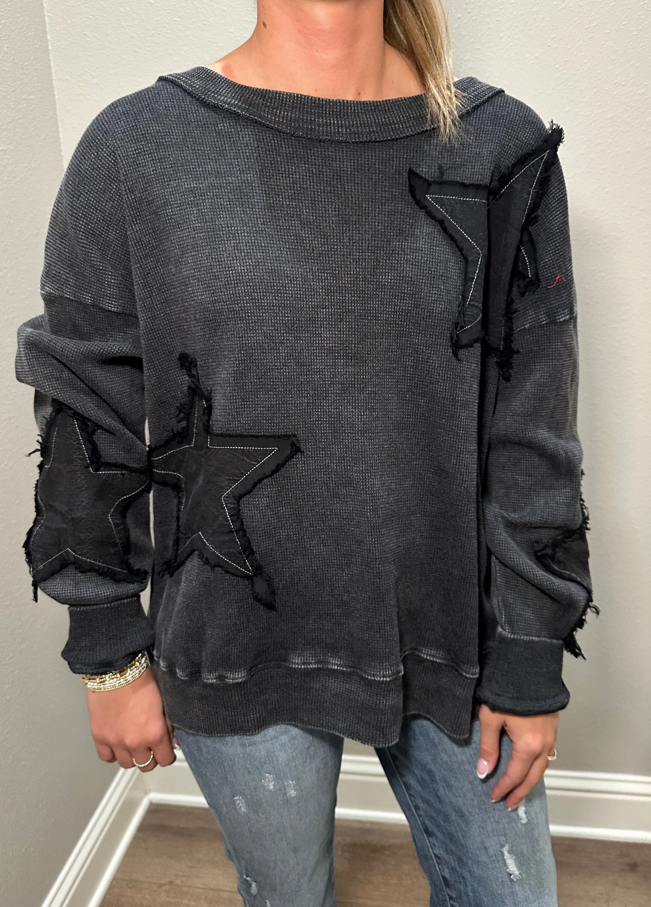 Black Mineral Wash Star Waffle Knit Top