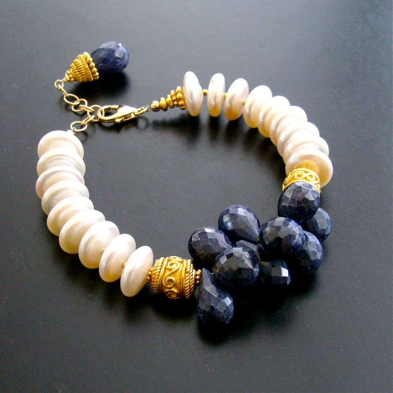 Blue Sapphire & Button Pearl Bracelet - Loretta Bracelet