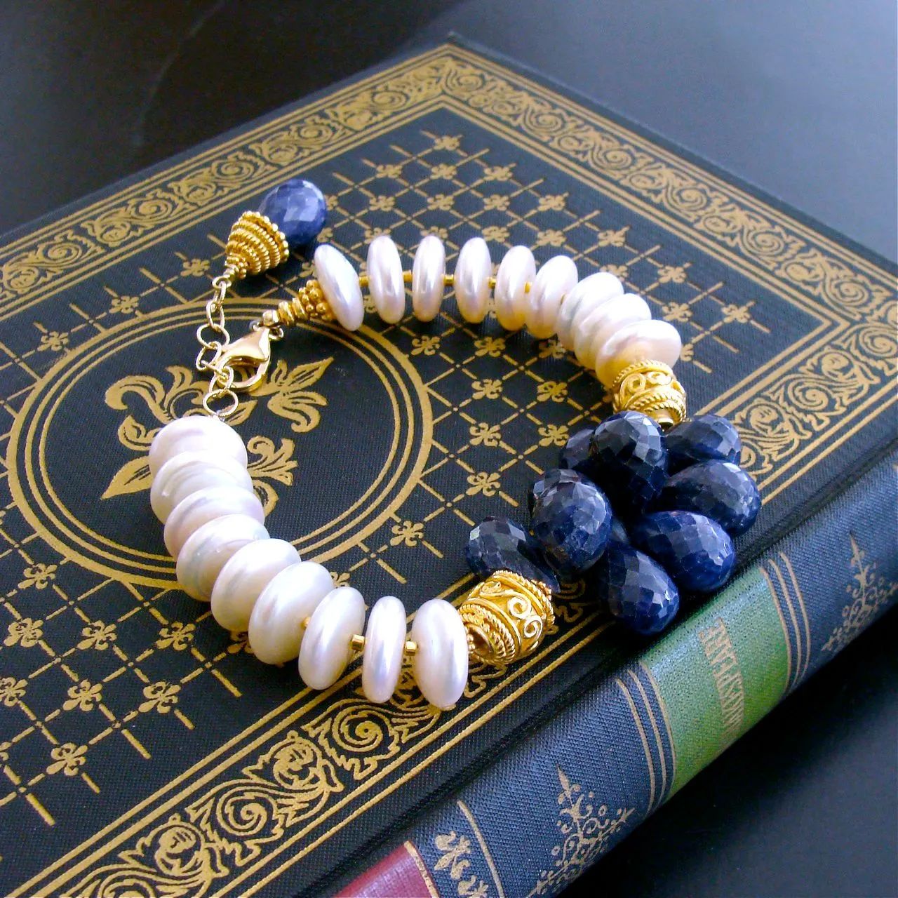Blue Sapphire & Button Pearl Bracelet - Loretta Bracelet