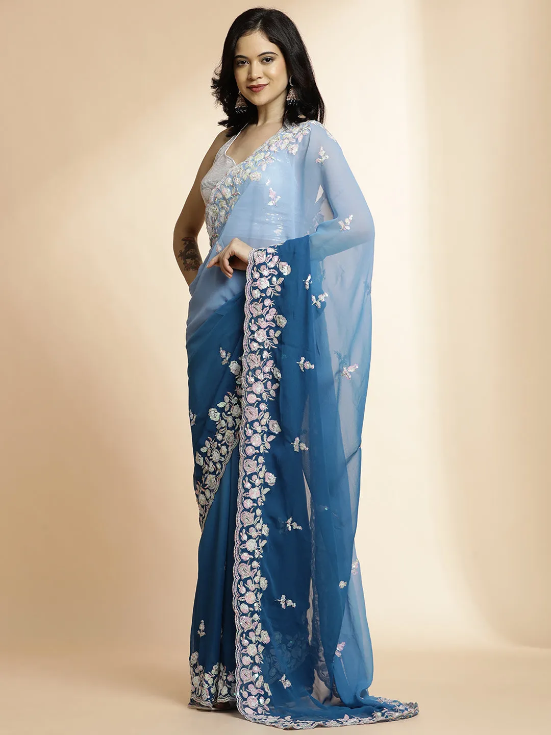 Blue Sequin Work Pure Georgette Saree