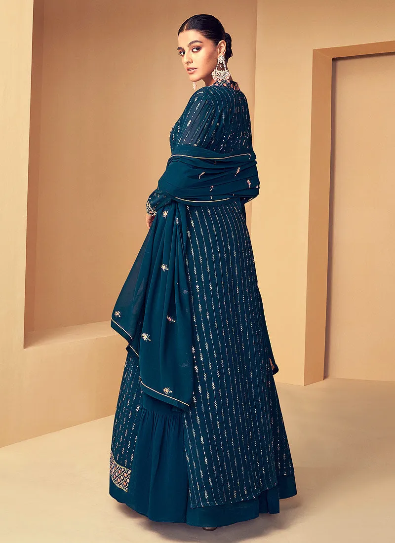 Blue Sequins Embroidered Jacket Style Designer Suit