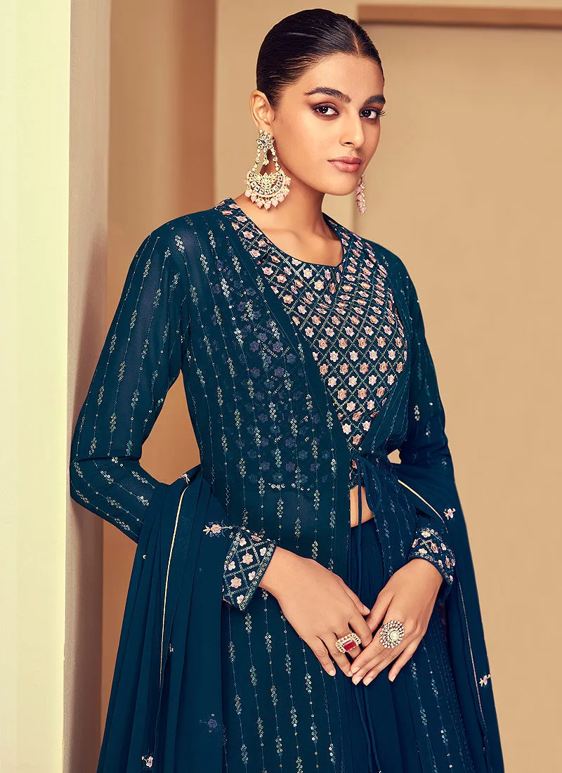 Blue Sequins Embroidered Jacket Style Designer Suit
