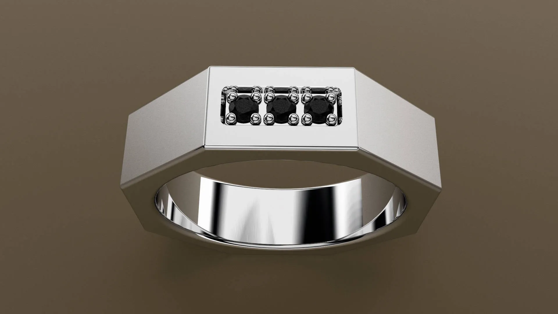 Brushed White Gold Black Diamond 6mm Octagon Wedding Band