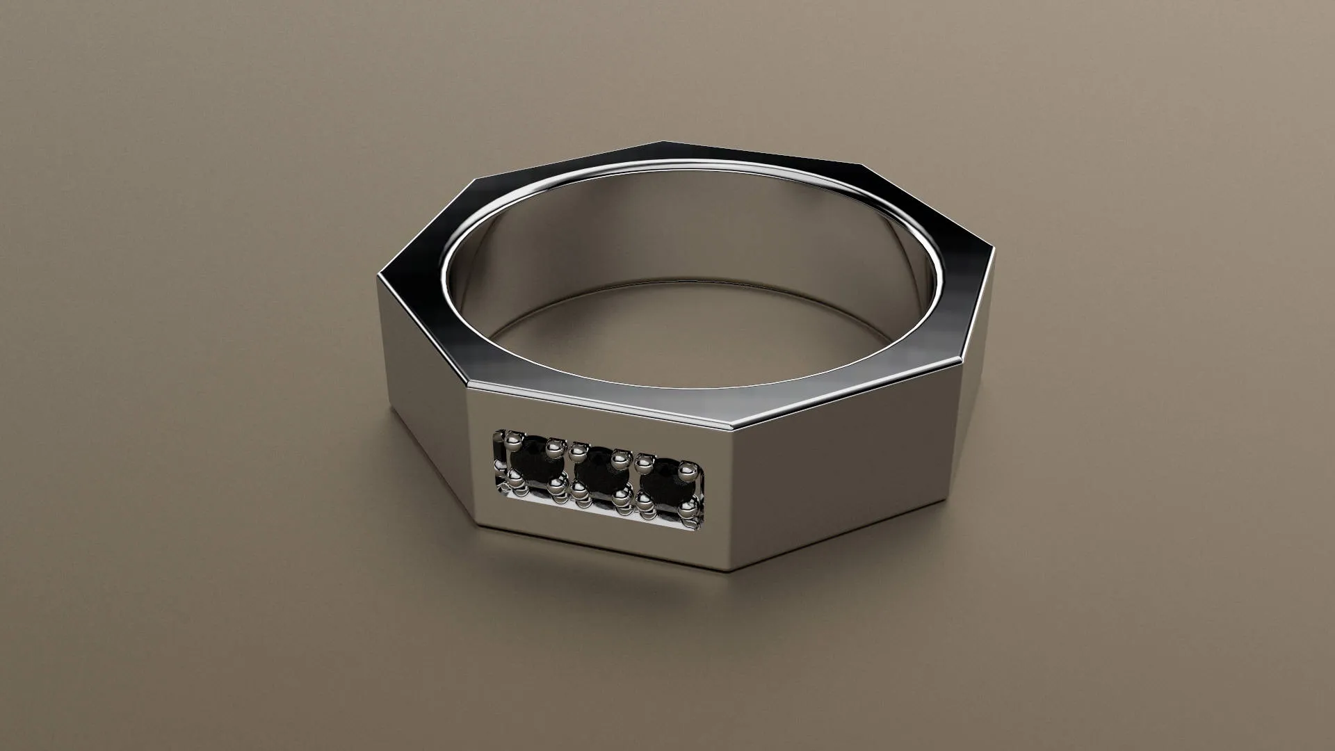 Brushed White Gold Black Diamond 6mm Octagon Wedding Band