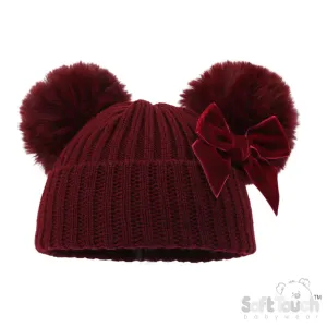 Burgundy Velvet Bow Pom Pom Hat