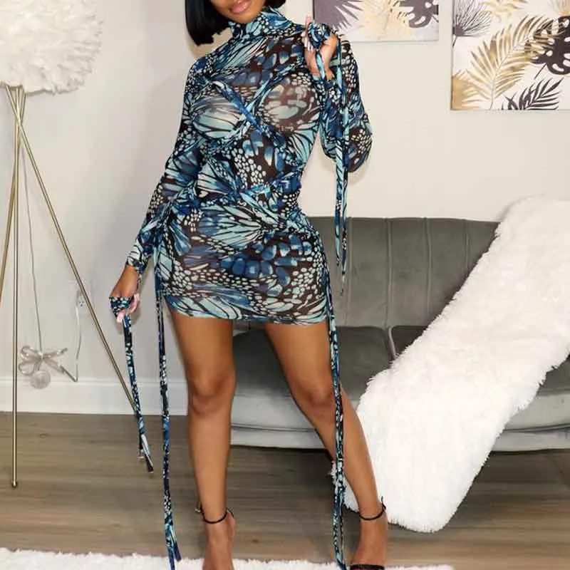 Butterfly Pattern Long Sleeve Tassel Design Dress