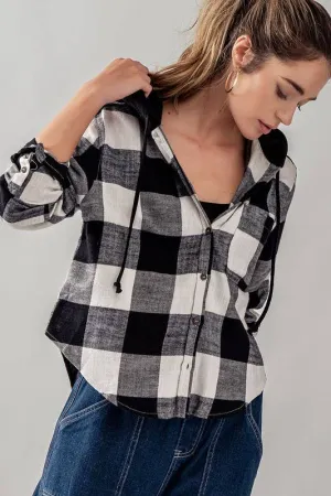 Button Down Gingham Flannel Hooded Top