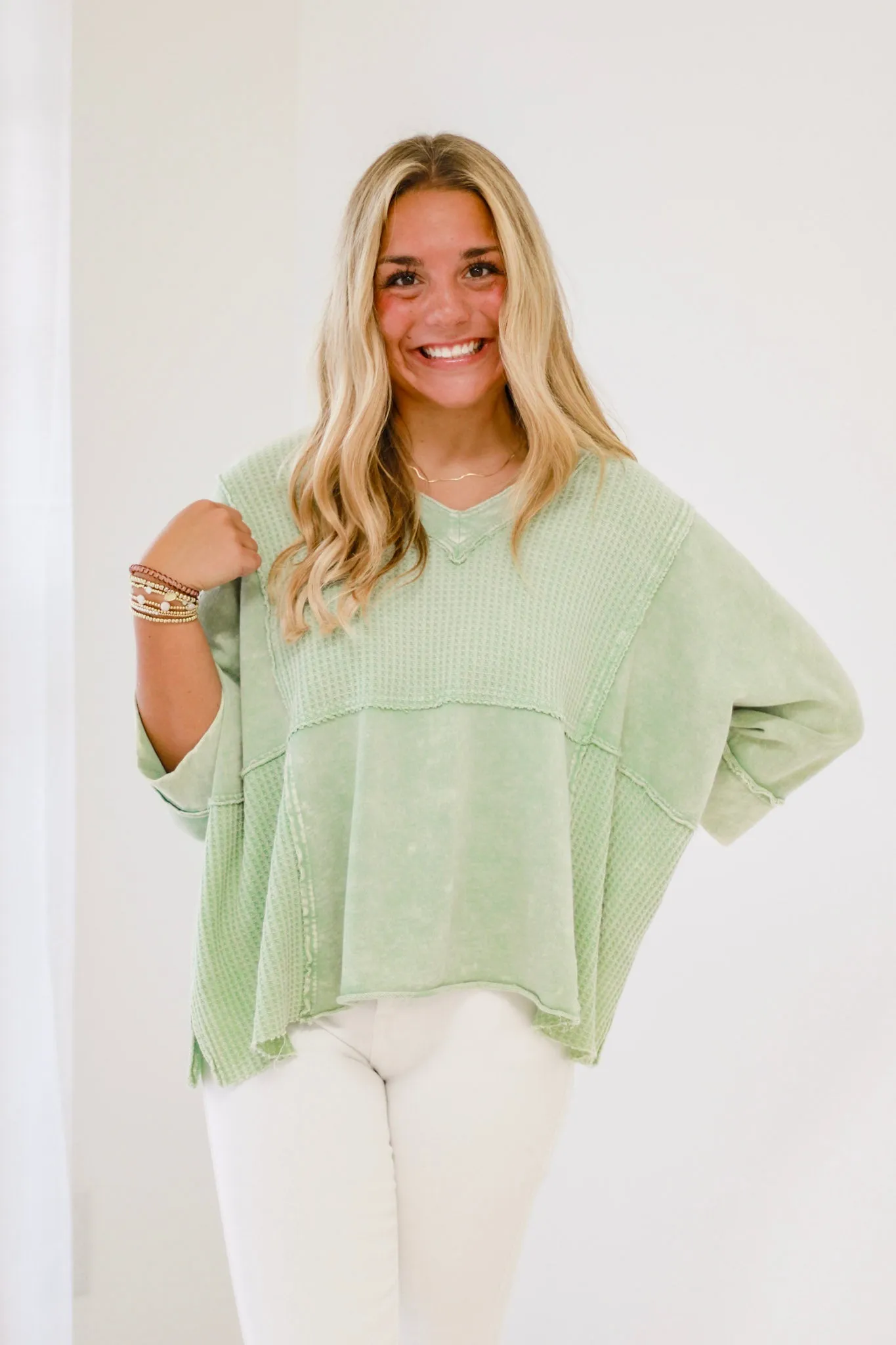 Call You Out Waffle Top in Sage