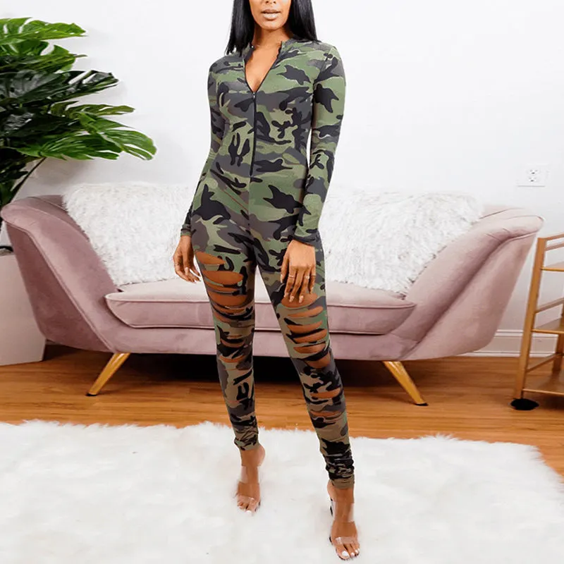 Camouflage Print Long Sleeve Cutout Plus Size Jumpsuit