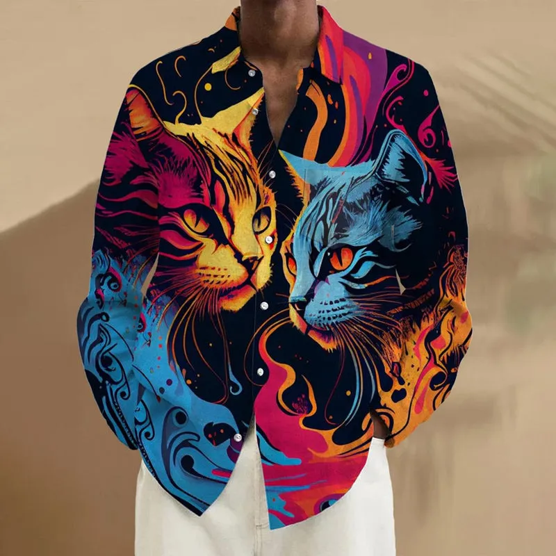 Cat Print Long Sleeve Shirt With Pocket