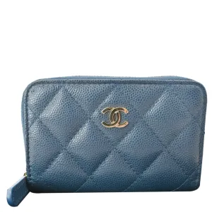 CHANEL Caviar Quilted Small Zip Around Wallet Blue