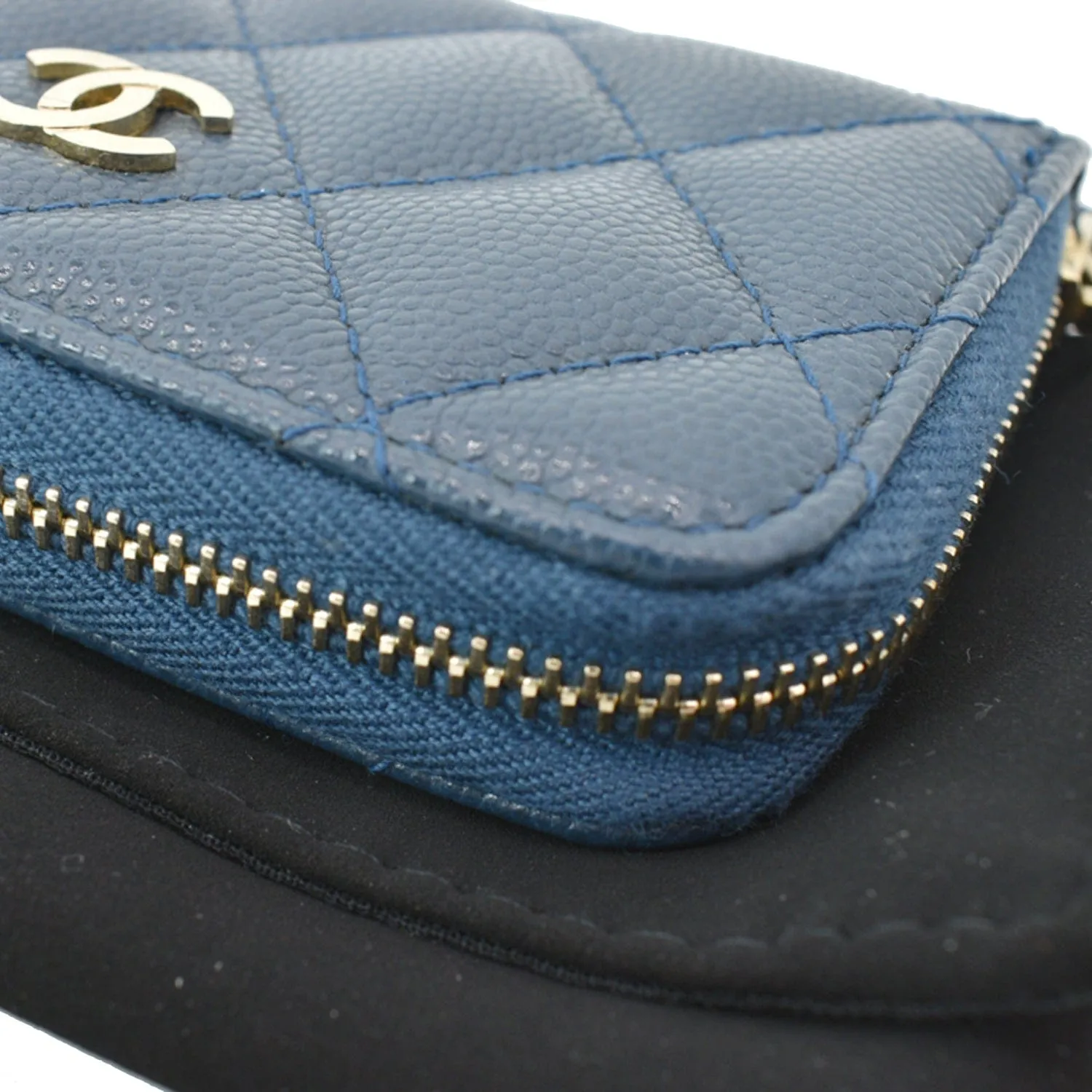 CHANEL Caviar Quilted Small Zip Around Wallet Blue