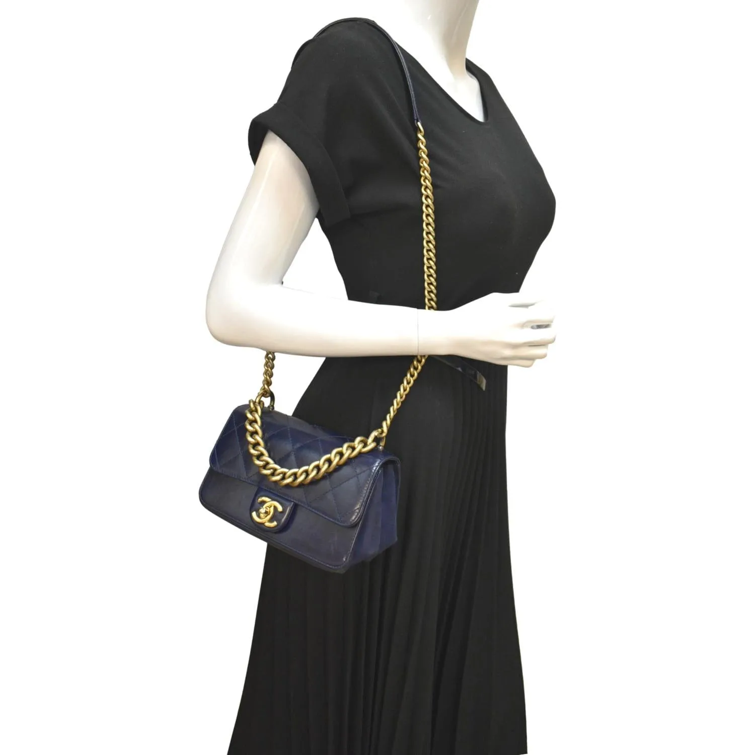 CHANEL Chain Handle CC Flap Quilted Leather Shoulder Bag Blue