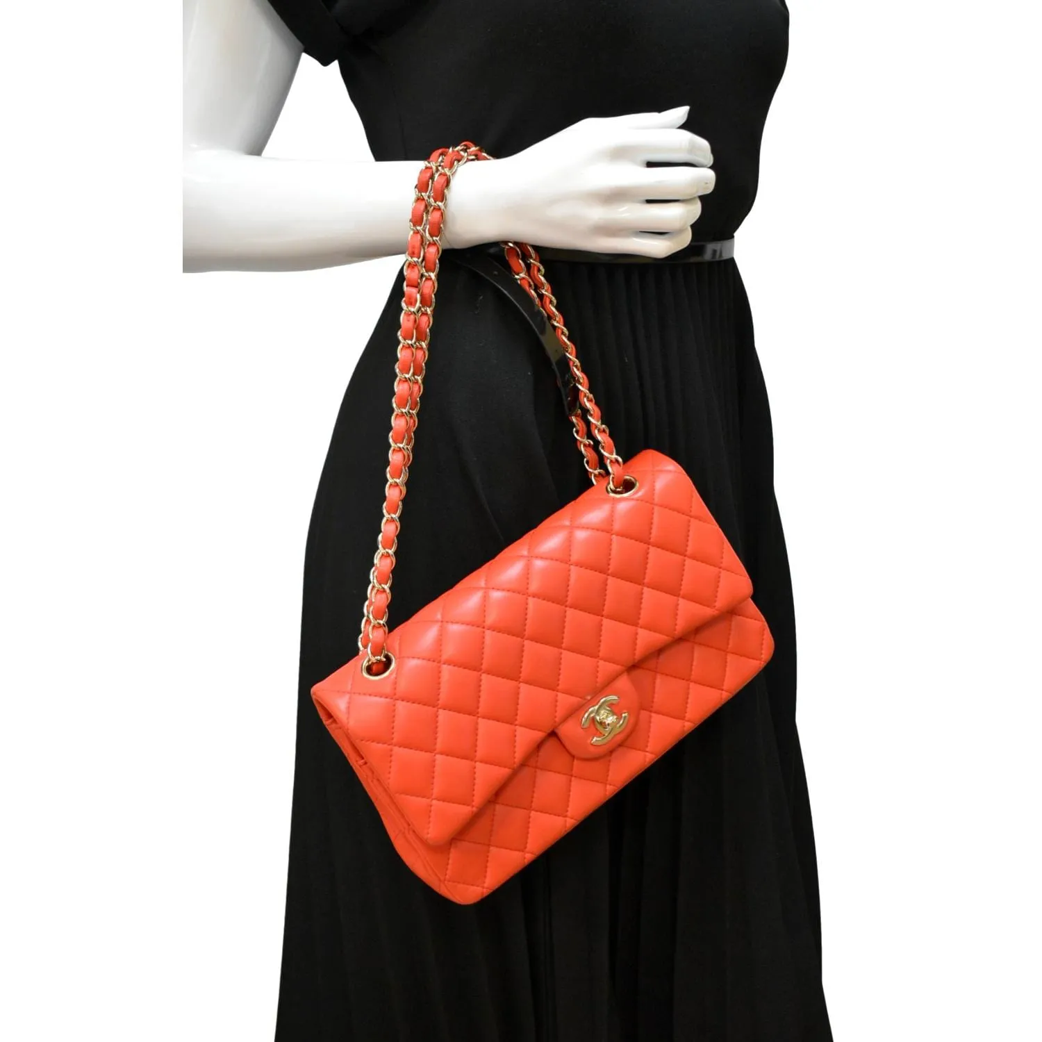 CHANEL Classic Double Flap Medium Leather Shoulder Bag Red