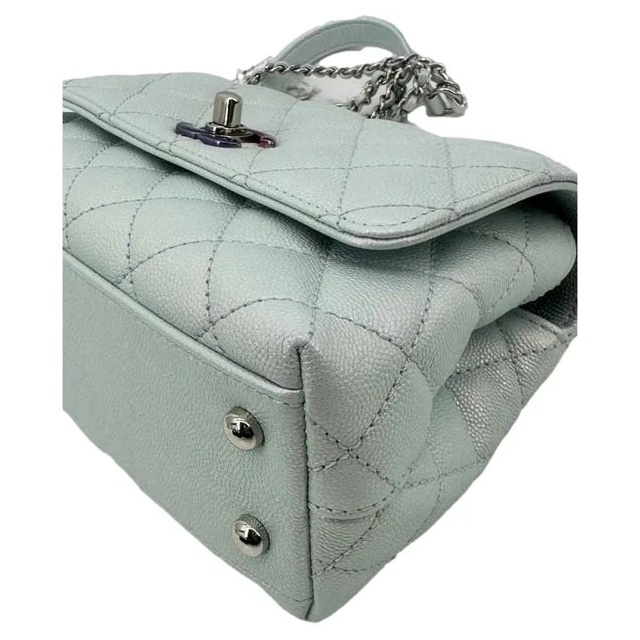 CHANEL Coco Extra Mini Top Handle Iridescent Caviar Leather Crossbody Bag Light Blue