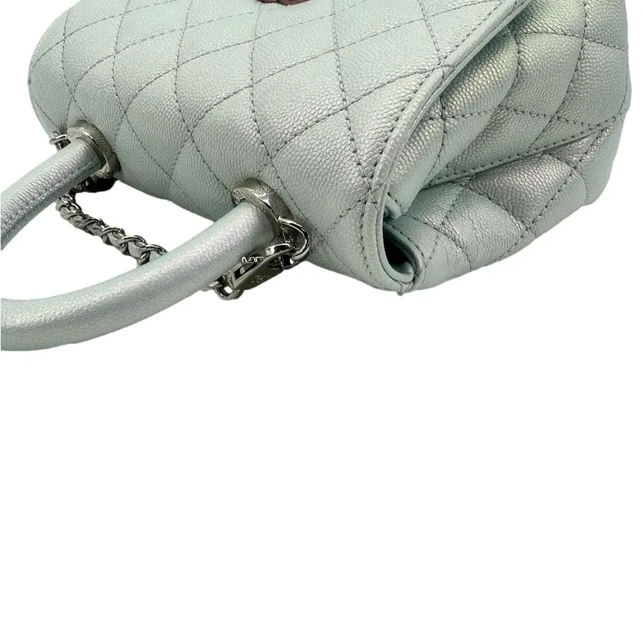 CHANEL Coco Extra Mini Top Handle Iridescent Caviar Leather Crossbody Bag Light Blue
