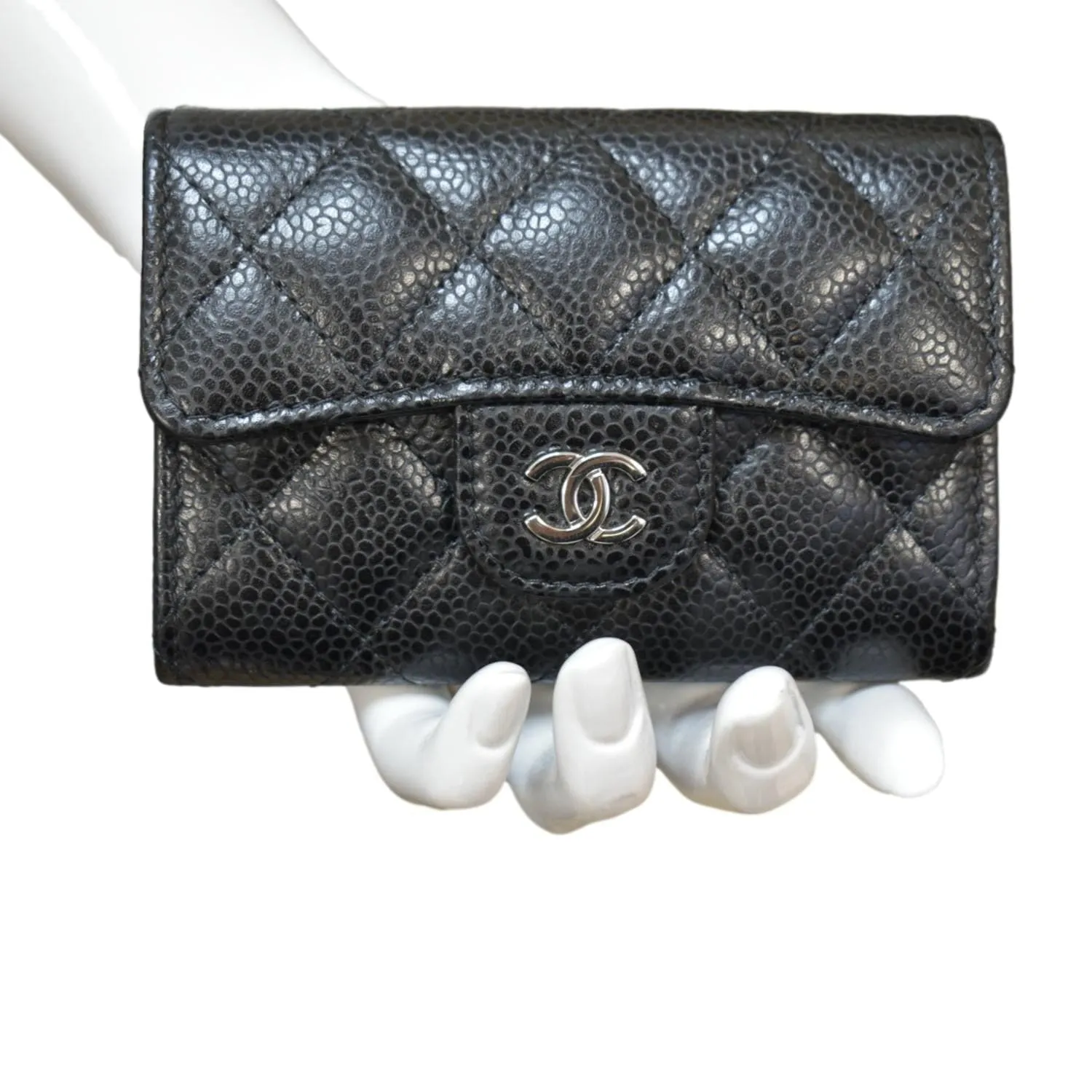 CHANEL Flap Quilted Caviar Leather Card Holder Black