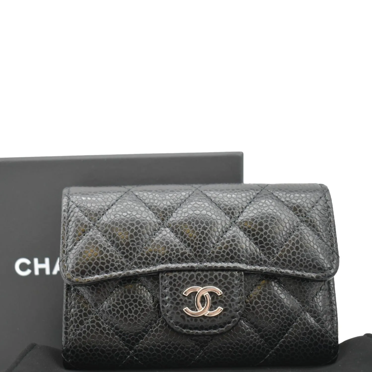 CHANEL Flap Quilted Caviar Leather Card Holder Black