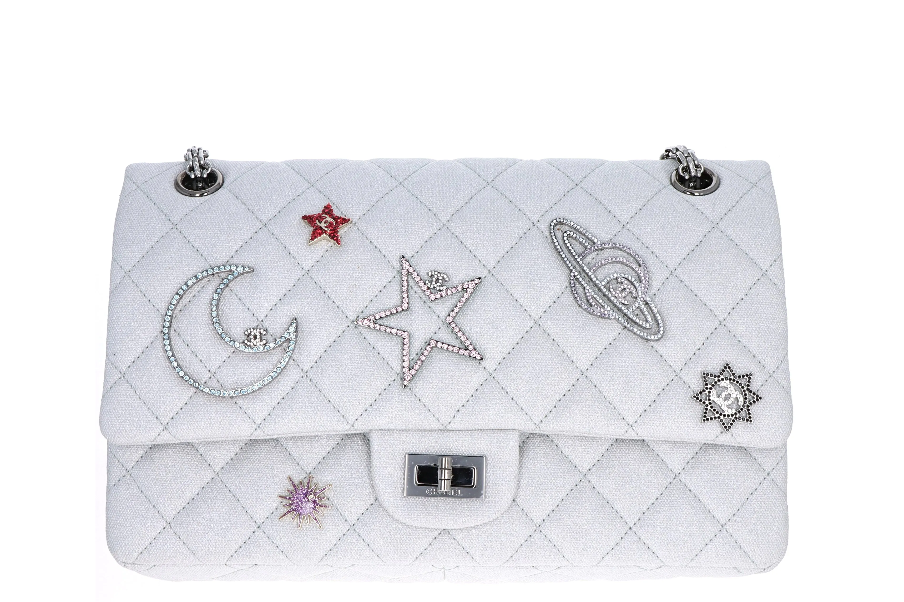 Chanel Limited Edition Silver 2.55 Canvas Reissue Space Charms 266 Flap Bag